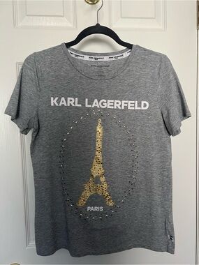 Karl Lagerfeld Gray Tee with Gold Eiffel Tower
